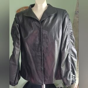 Ellen Tracy Womens Black Long Rausch Sleeve Button Leather Jacket Size Lg Vntg